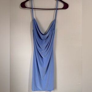 Light Periwinkle Satin Cowl Slip Dress by 21 Saints - Mini Backless